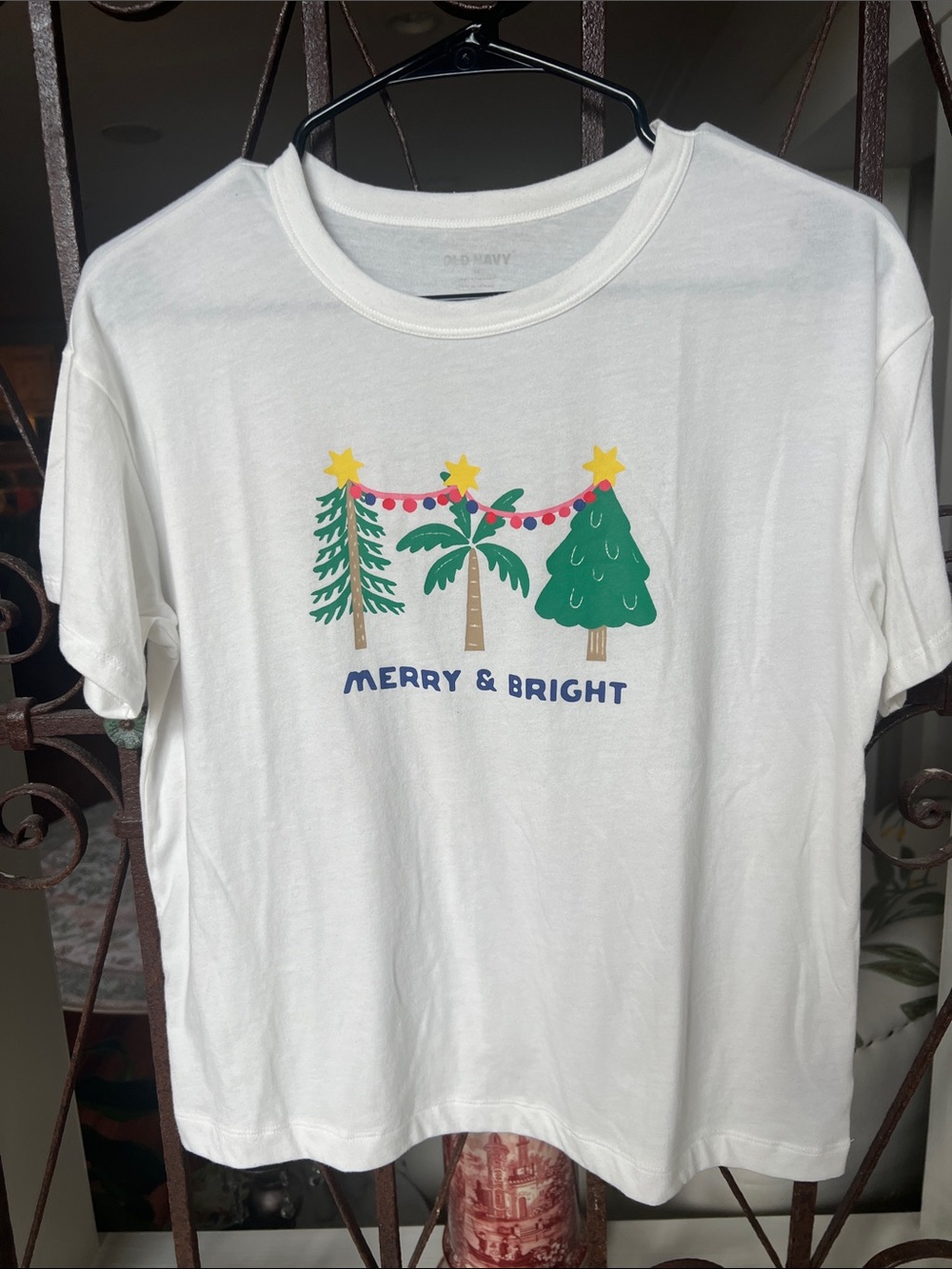 Old Navy White Holiday 'Merry & Bright' Graphic Tee with Festive Trees